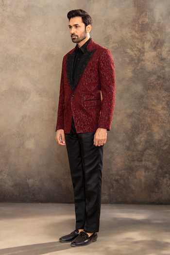 Shop_Millionaire_Maroon Net Printed Texture Suit Pant Set _Online_at_Aza_Fashions