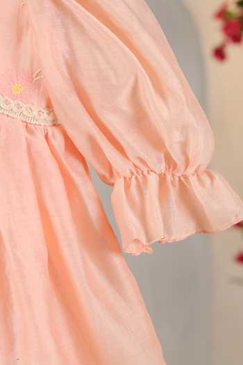 Casa Ninos_Peach Chanderi Tassels, Pearls Dress _Online_at_Aza_Fashions