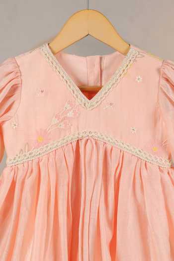 Casa Ninos_Peach Chanderi Tassels, Pearls Dress _at_Aza_Fashions