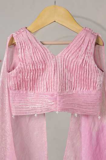 Casa Ninos_Pink Tissue Pearls Asymmetric Pleated Blouse And Lehenga Set _Online_at_Aza_Fashions