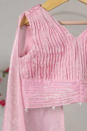 Buy_Casa Ninos_Pink Tissue Pearls Asymmetric Pleated Blouse And Lehenga Set _Online_at_Aza_Fashions