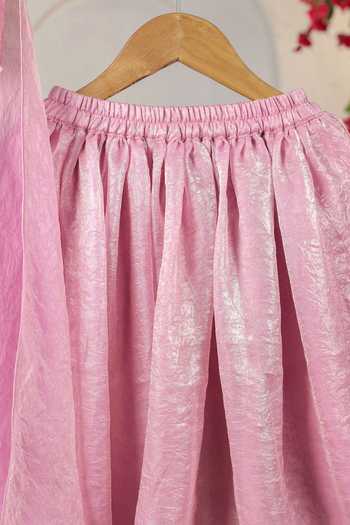 Shop_Casa Ninos_Pink Tissue Pearls Asymmetric Pleated Blouse And Lehenga Set _Online_at_Aza_Fashions