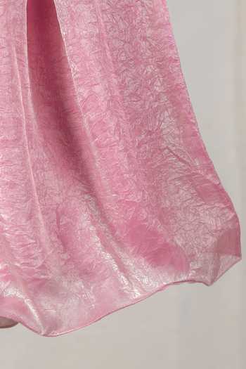 Casa Ninos_Pink Tissue Pearls Asymmetric Pleated Blouse And Lehenga Set _at_Aza_Fashions