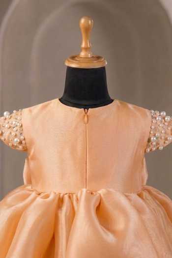 Buy_Casa Ninos_Yellow Organza Pearls Puff Sleeve Flared Dress _Online_at_Aza_Fashions