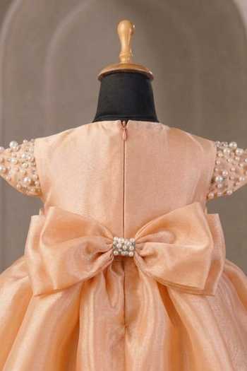 Shop_Casa Ninos_Yellow Organza Pearls Puff Sleeve Flared Dress _Online_at_Aza_Fashions