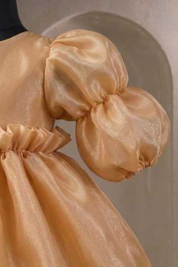Casa Ninos_Yellow Organza Puff Sleeve Dress _Online_at_Aza_Fashions