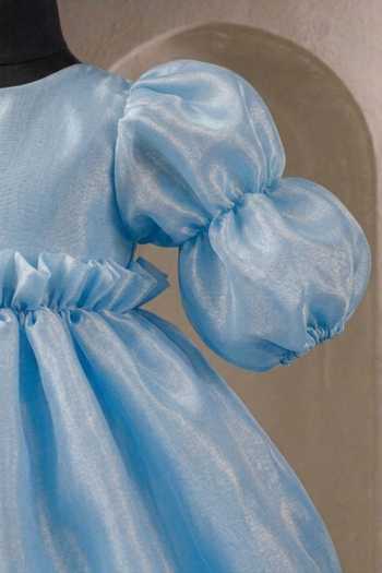 Casa Ninos_Blue Organza Puff Sleeve Balloon Hem Dress _Online_at_Aza_Fashions