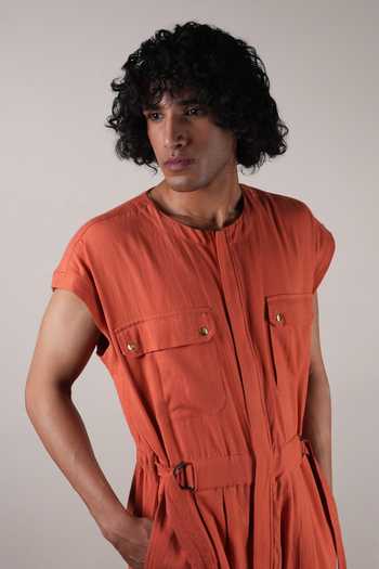 MATI_Rust Handwoven Cotton Safari Jumpsuit _Online_at_Aza_Fashions