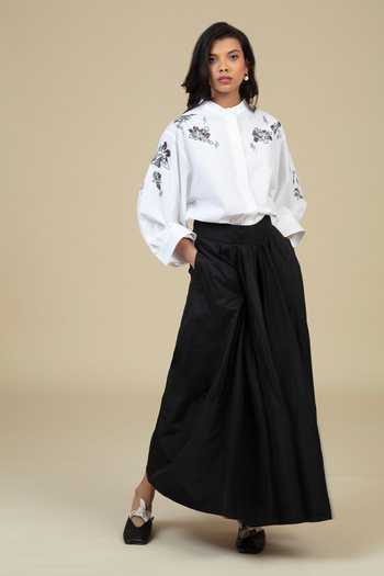 Bunka_Black Cotton, Poplin Embroidery Mandarin Collar Ann Shirt _at_Aza_Fashions