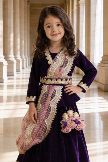 FAYON KIDS_Gold Velvet, Organza Lace, Tassels, Zari, Lehenga Set With Printed Dupatta _Online_at_Aza_Fashions
