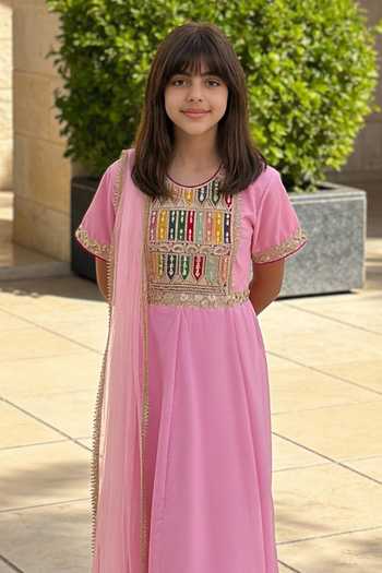 FAYON KIDS_Pink Velvet, Net Embroidery, Zari, Tassels Anarkali And Dupatta Set _Online_at_Aza_Fashions