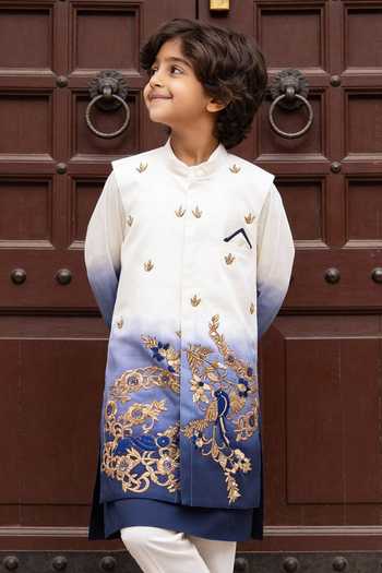 Buy_FAYON KIDS_Blue Cotton Embroidery, Zari Ombre Nehru Jacket Set _Online_at_Aza_Fashions