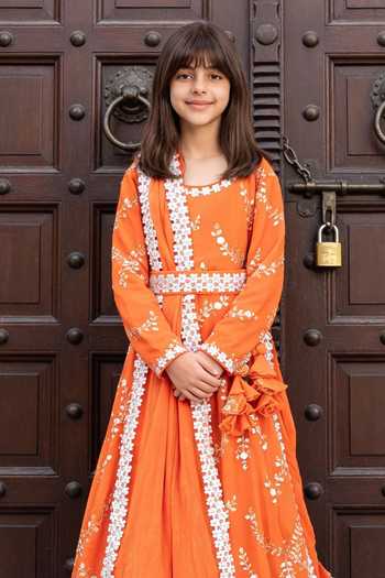 FAYON KIDS_Orange Georgette Embroidery, Ruffles Anarkali With Dupatta _Online_at_Aza_Fashions