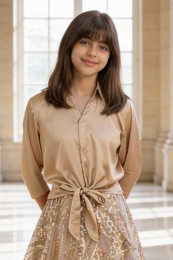 FAYON KIDS_Beige Satin, Net Sequins Shirt With Embroidered Skirt _Online_at_Aza_Fashions