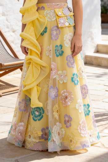 FAYON KIDS_Yellow Net, Georgette Embroidery, Sequins Blossom Fantasy Lehenga Set _Online_at_Aza_Fashions