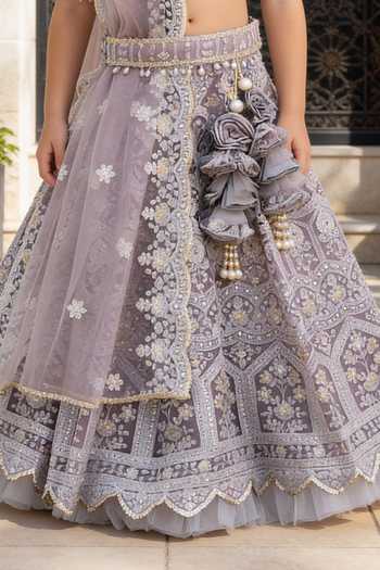Buy_FAYON KIDS_Grey Net Sequins, Beads, Pearls, Tassels Thread Embroidered Lehenga Set _Online_at_Aza_Fashions