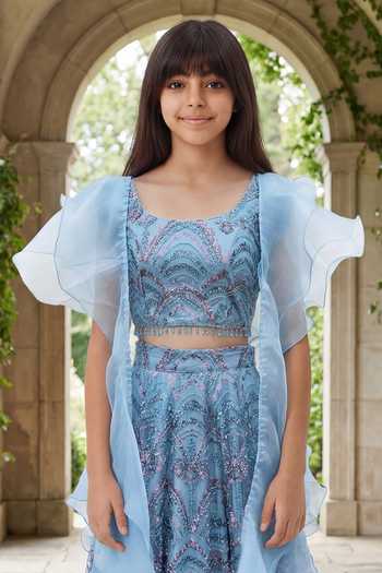 FAYON KIDS_Blue Organza, Net Sequins, Beads, Tassels Cutdana Embroidered Lehenga Set _Online_at_Aza_Fashions