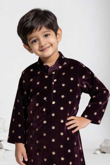 FAYON KIDS_Burgundy Velvet Sequins Magic Embroidered Kurta Set _Online_at_Aza_Fashions