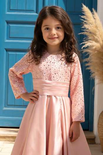 FAYON KIDS_Pink Satin, Net Embroidery, Sequins Gown _Online_at_Aza_Fashions