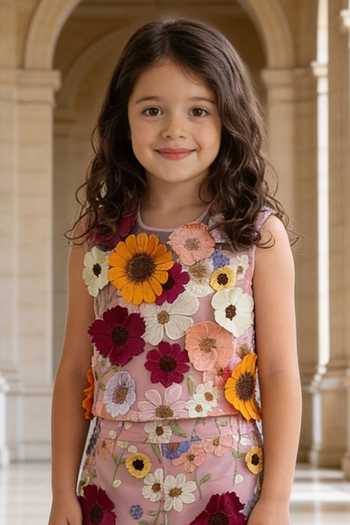 FAYON KIDS_Pink Net Fabric Flowers 3d Top With Palazzo _Online_at_Aza_Fashions