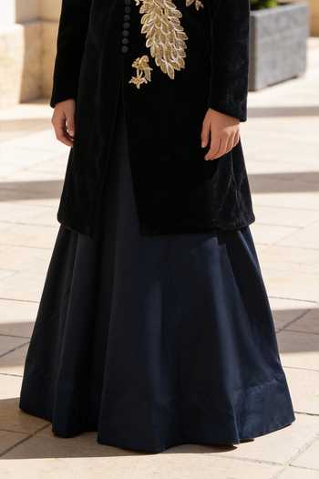 FAYON KIDS_Black Cotton, Velvet Embroidery, Sequins Long Jacket And Lehenga Set _Online_at_Aza_Fashions