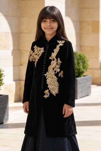 Buy_FAYON KIDS_Black Cotton, Velvet Embroidery, Sequins Long Jacket And Lehenga Set _Online_at_Aza_Fashions
