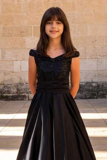 FAYON KIDS_Black Satin, Net Embroidery, Sequins Gown _Online_at_Aza_Fashions