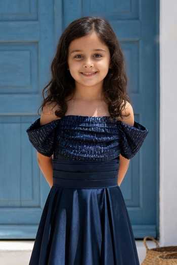 FAYON KIDS_Blue Satin, Net Embroidery, Sequins Gown _Online_at_Aza_Fashions