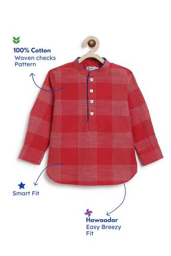 Tiber Taber_Red Cotton Chequered Short Kurta _Online_at_Aza_Fashions