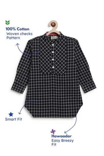 Tiber Taber_Black Cotton Chequered Short Kurta _Online_at_Aza_Fashions