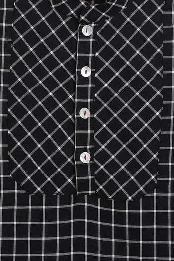 Shop_Tiber Taber_Black Cotton Chequered Short Kurta _Online_at_Aza_Fashions