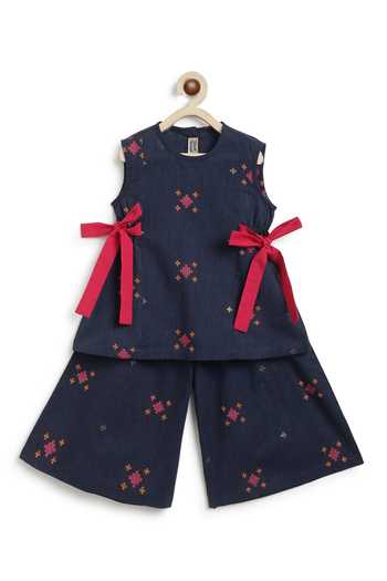 Shop_Tiber Taber_Blue Cotton Jacquard Top And Pant Set _Online_at_Aza_Fashions