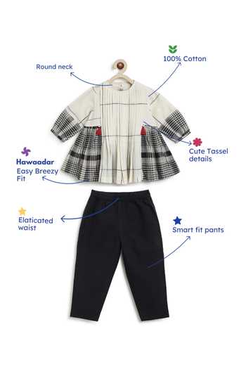 Tiber Taber_Cream Cotton Tassels Chequered Top And Pant Set _Online_at_Aza_Fashions