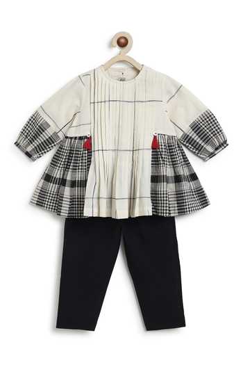 Shop_Tiber Taber_Cream Cotton Tassels Chequered Top And Pant Set 