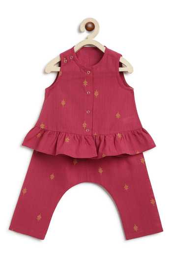Buy_Tiber Taber_Red Cotton Jacquard Top And Pant Set _Online_at_Aza_Fashions