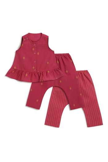 Shop_Tiber Taber_Red Cotton Jacquard Top And Pant Set _Online_at_Aza_Fashions