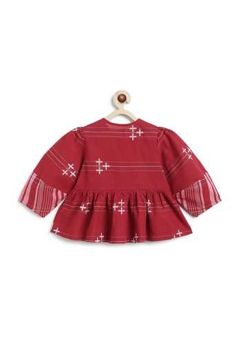 Shop_Tiber Taber_Maroon Cotton Jacquard Top And Pant Set _Online_at_Aza_Fashions