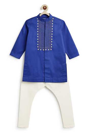 Shop_Tiber Taber_Blue Cotton Embroidery Kurta And Pyjama Set _Online_at_Aza_Fashions