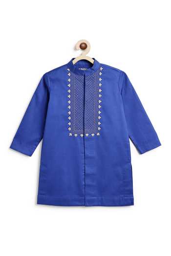 Tiber Taber_Blue Cotton Embroidery Kurta And Pyjama Set _at_Aza_Fashions