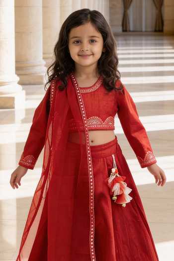 FAYON KIDS_Red Silk, Net Lace, Tassels Raw Lehenga Blouse Set _Online_at_Aza_Fashions
