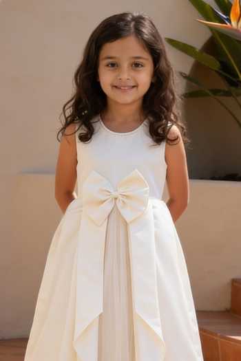FAYON KIDS Off White Satin, Net Bows Front Gown Online at Aza Fashions FAYON KIDS_Off White Satin, Net Bows Front Gown _Online_at_Aza_Fashions