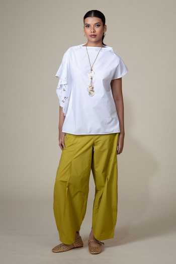 Bunka_White Cotton, Poplin Lace Boat Neck Elena Asymmetric Sleeve Shirt _at_Aza_Fashions