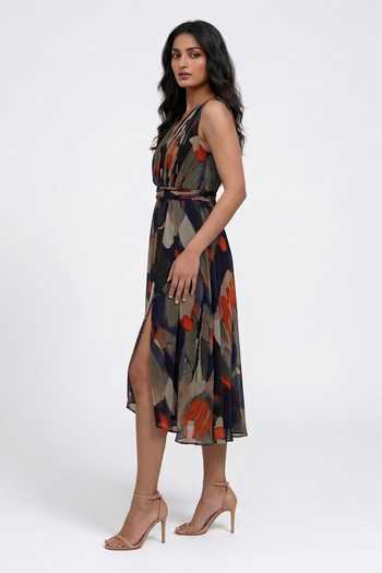 House Of Varada_Multi Color Chinon Halter Neck Abstract Boho Print Dress _Online_at_Aza_Fashions
