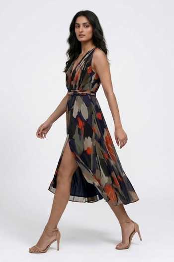 Buy_House Of Varada_Multi Color Chinon Halter Neck Abstract Boho Print Dress _Online_at_Aza_Fashions