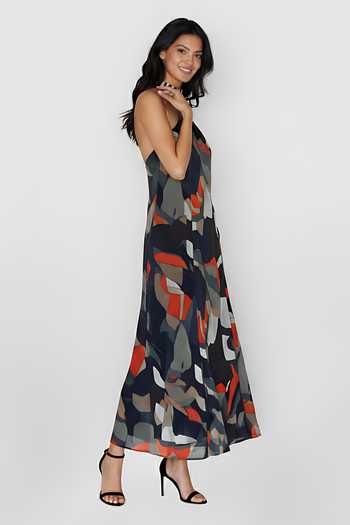 House Of Varada_Multi Color Chinon Halter Neck Abstract Print Dress _Online_at_Aza_Fashions