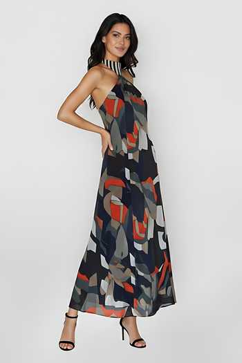 Buy_House Of Varada_Multi Color Chinon Halter Neck Abstract Print Dress _Online_at_Aza_Fashions