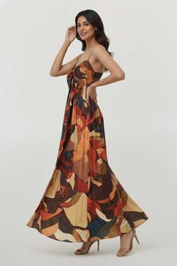 House Of Varada_Brown Chinon Sweetheart Neck Abstract Earthy Print Strappy Dress _Online_at_Aza_Fashions