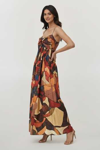Buy_House Of Varada_Brown Chinon Sweetheart Neck Abstract Earthy Print Strappy Dress _Online_at_Aza_Fashions