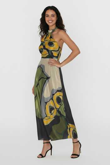 House Of Varada_Green Crepe Halter Neck Abstract Floral Print Dress _Online_at_Aza_Fashions