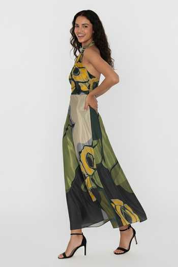 Buy_House Of Varada_Green Crepe Halter Neck Abstract Floral Print Dress _Online_at_Aza_Fashions